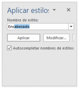 El cuadro Aplicar estilos de Word mostrando cómo se autocompleta el nombre de un estilo.